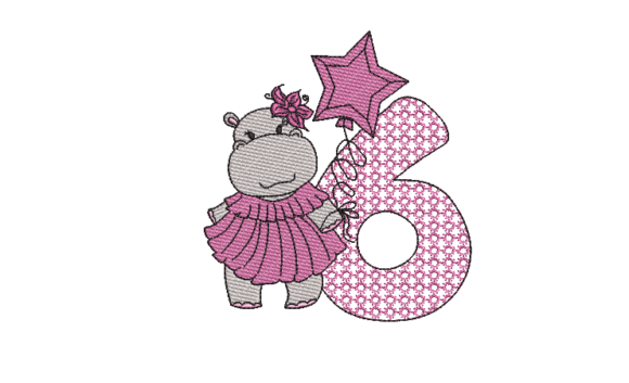 Adorable Number 6 Cute Hippo Embroidery Design