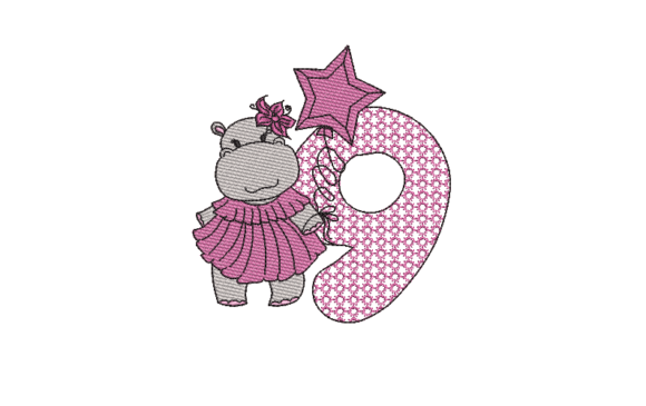 Number 9 Cute Hippo: A Charming Embroidery Design