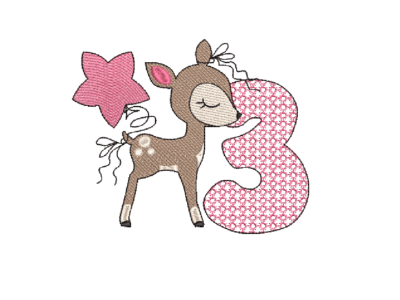 Number Three Cute Deer: A Charming Embroidery Design